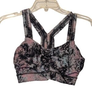 Handful "Smoke Show" Y-Back sports bra in a pink and black splatter print   Sz S